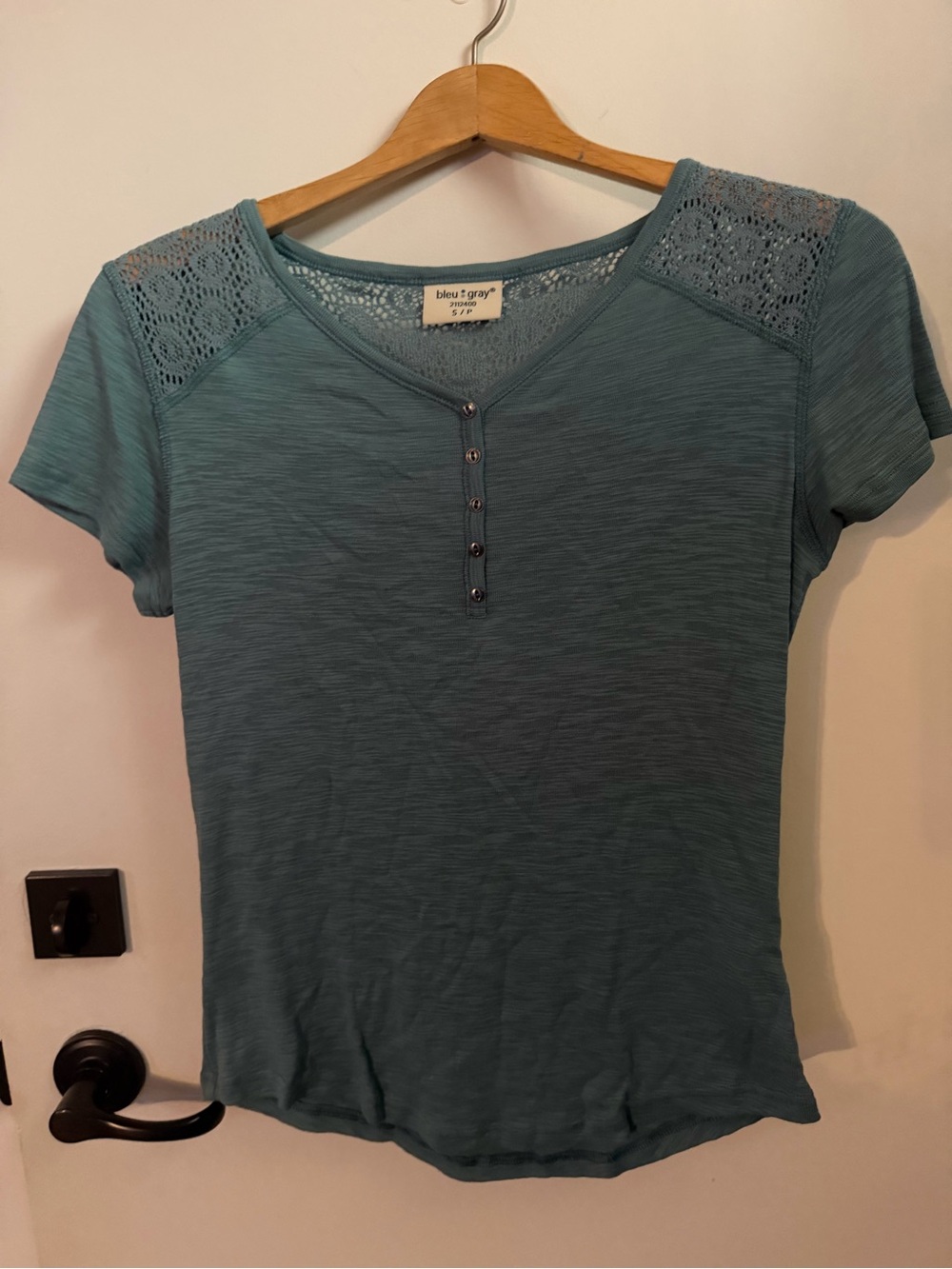 Teal Heather Lace Yoke Short Sleeve V- Neck Henley Top with buttons
